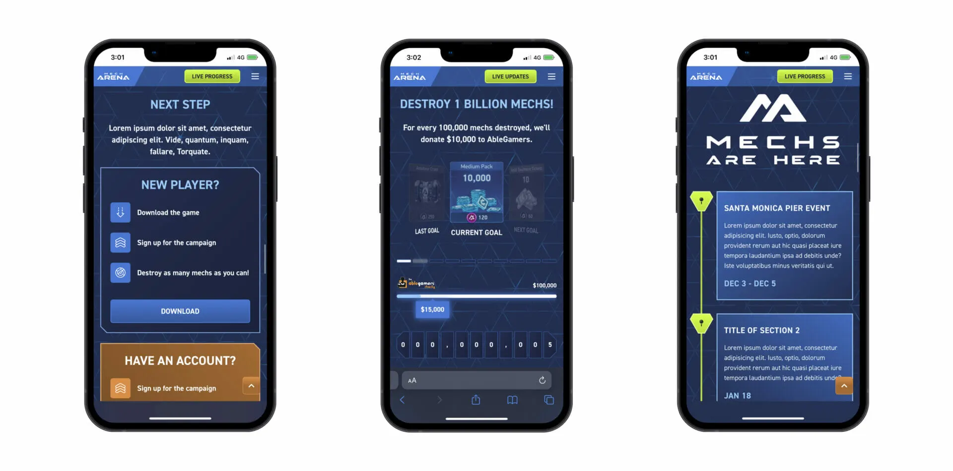 Three iPhone mockups of the Mech Arena Championship page.