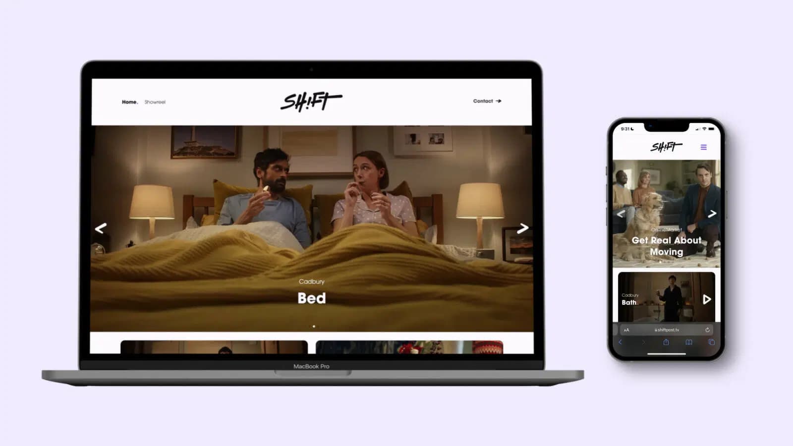 Mockup of the Shift website in a Macbook Pro frame adjacent to a mockup of the Shift website in an iPhone frame.