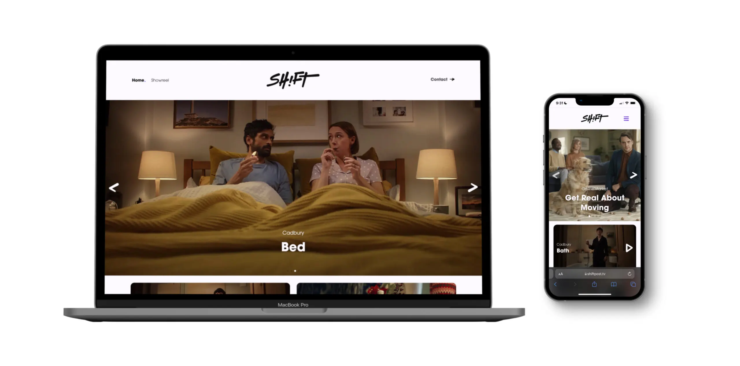 Mockup of Shift website in a MacBook and iPhone frame.